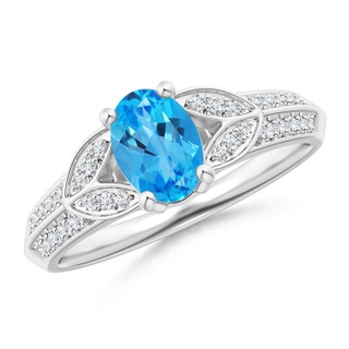 7x5mm AAAA Knife-Edged Oval Swiss Blue Topaz Solitaire Ring with Diamonds in White Gold
