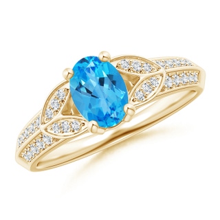 7x5mm AAAA Knife-Edged Oval Swiss Blue Topaz Solitaire Ring with Diamonds in Yellow Gold