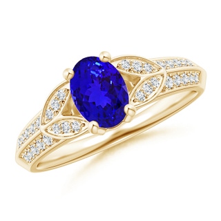 7x5mm AAAA Knife-Edged Oval Tanzanite Solitaire Ring with Pavé Diamonds in Yellow Gold