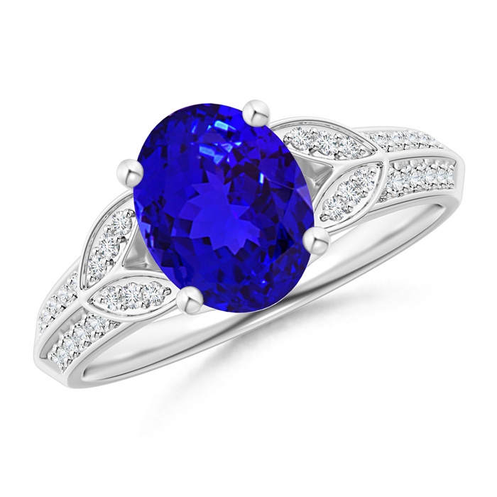 9x7mm AAAA Knife-Edged Oval Tanzanite Solitaire Ring with Pavé Diamonds in White Gold 