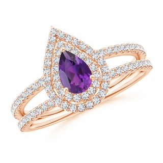 6x4mm AAA Split Shank Pear Amethyst and Diamond Double Halo Ring in Rose Gold