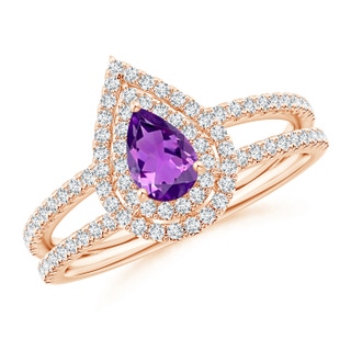 6x4mm AAAA Split Shank Pear Amethyst and Diamond Double Halo Ring in Rose Gold