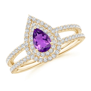 6x4mm AAAA Split Shank Pear Amethyst and Diamond Double Halo Ring in Yellow Gold