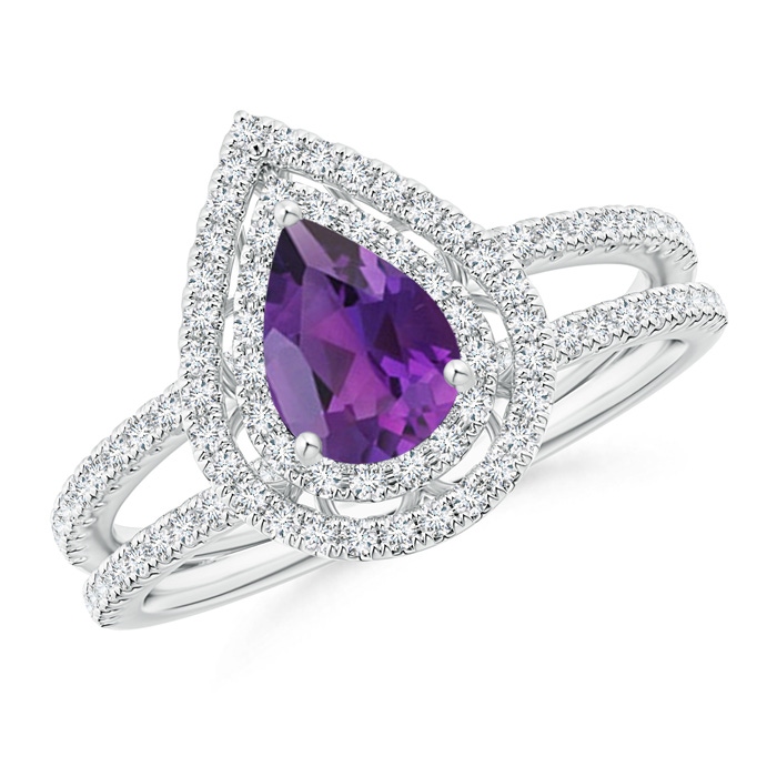 7x5mm AAA Split Shank Pear Amethyst and Diamond Double Halo Ring in White Gold 