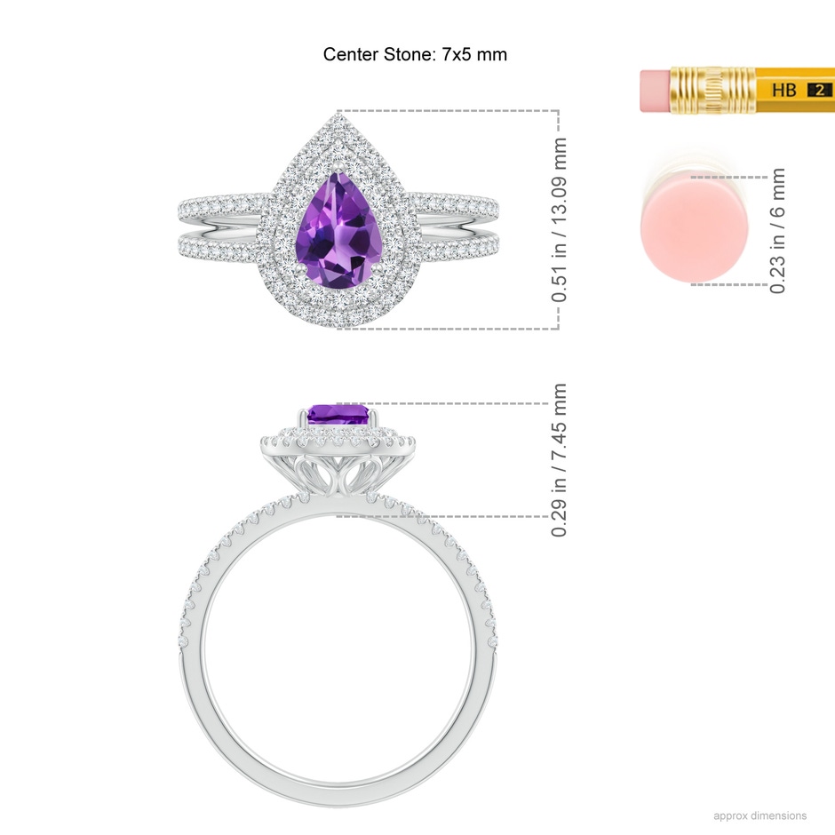 7x5mm AAA Split Shank Pear Amethyst and Diamond Double Halo Ring in White Gold ruler