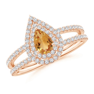 6x4mm A Split Shank Pear Citrine and Diamond Double Halo Ring in 9K Rose Gold