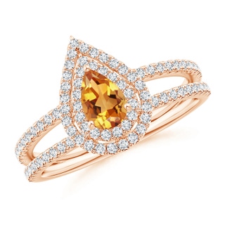 6x4mm AA Split Shank Pear Citrine and Diamond Double Halo Ring in 9K Rose Gold
