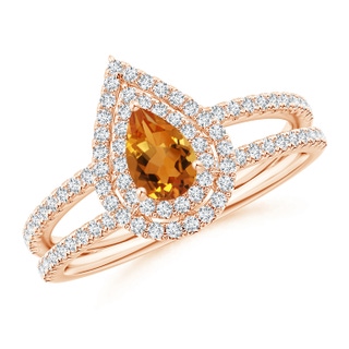 6x4mm AAA Split Shank Pear Citrine and Diamond Double Halo Ring in 9K Rose Gold