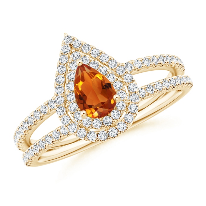 6x4mm AAAA Split Shank Pear Citrine and Diamond Double Halo Ring in Yellow Gold