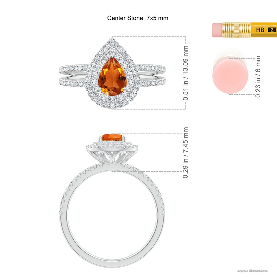 7x5mm AAAA Split Shank Pear Citrine and Diamond Double Halo Ring in White Gold ruler