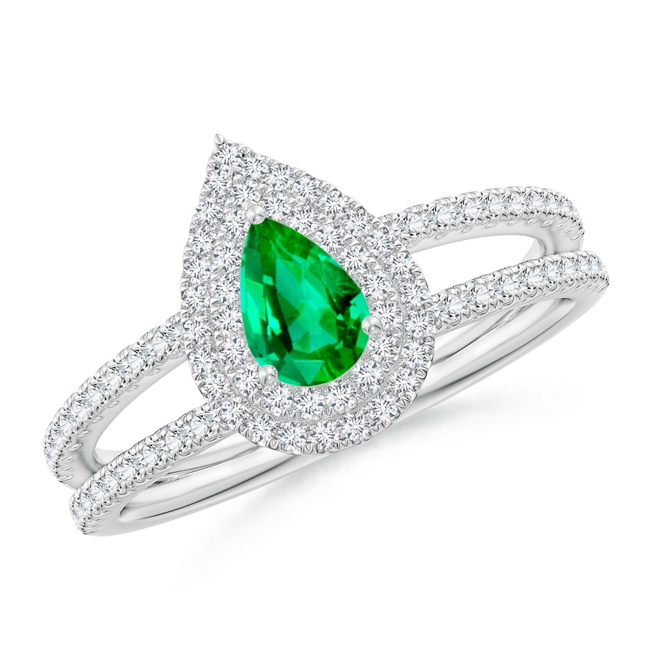 6x4mm AAA Split Shank Pear Emerald and Diamond Double Halo Ring in White Gold 