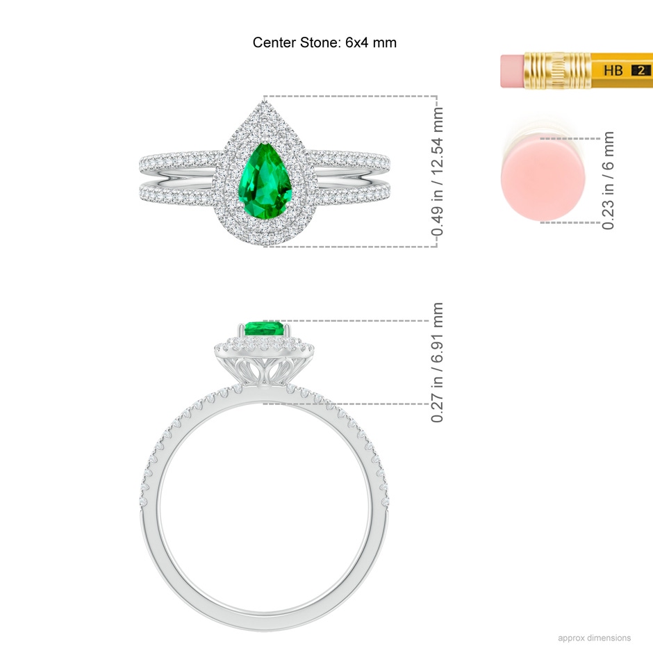 6x4mm AAA Split Shank Pear Emerald and Diamond Double Halo Ring in White Gold ruler