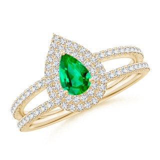 6x4mm AAA Split Shank Pear Emerald and Diamond Double Halo Ring in Yellow Gold