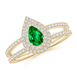6x4mm AAAA Split Shank Pear Emerald and Diamond Double Halo Ring in Yellow Gold