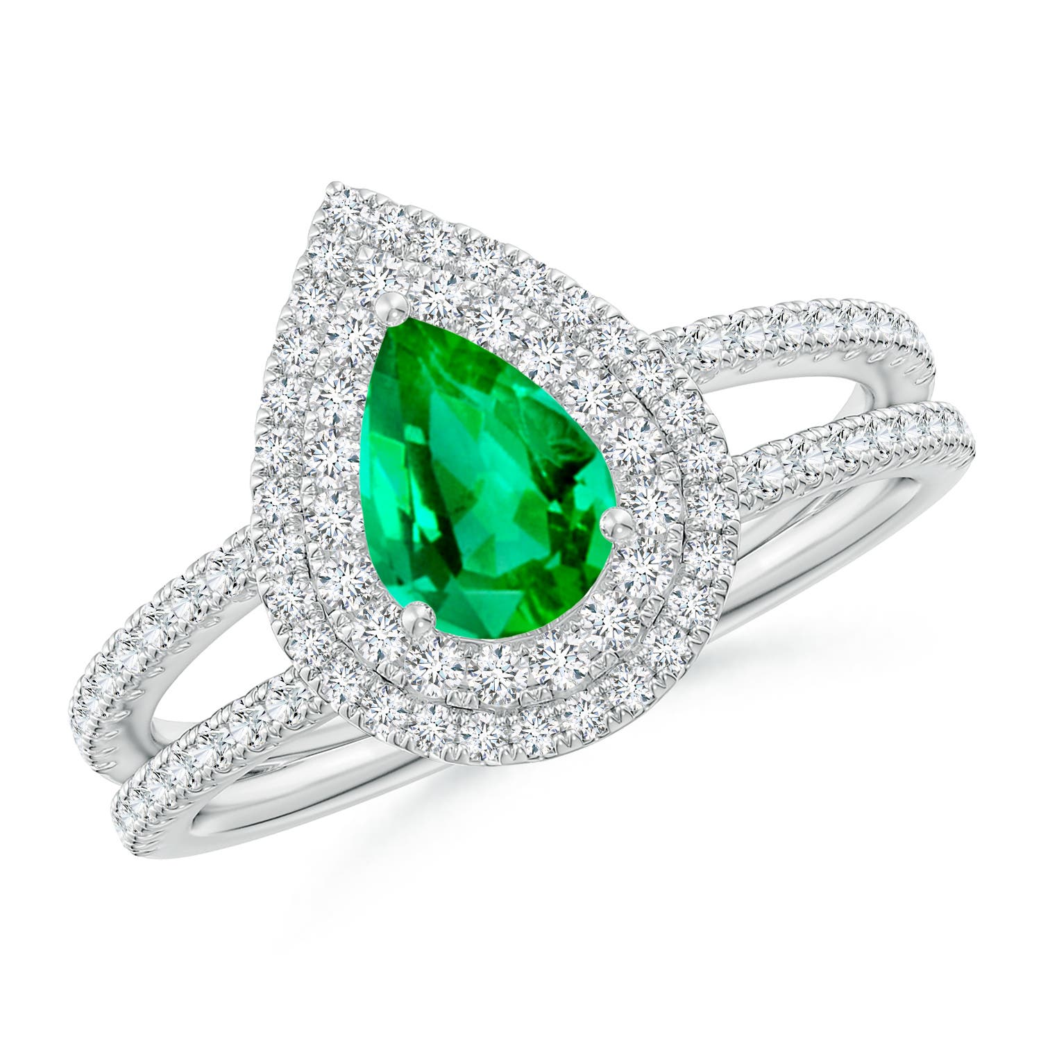 Split Shank Pear Emerald and Diamond Double Halo Ring | Angara