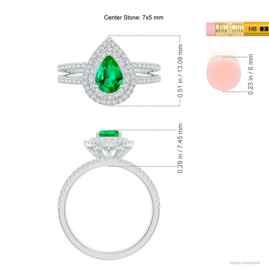 7x5mm AAA Split Shank Pear Emerald and Diamond Double Halo Ring in White Gold ruler