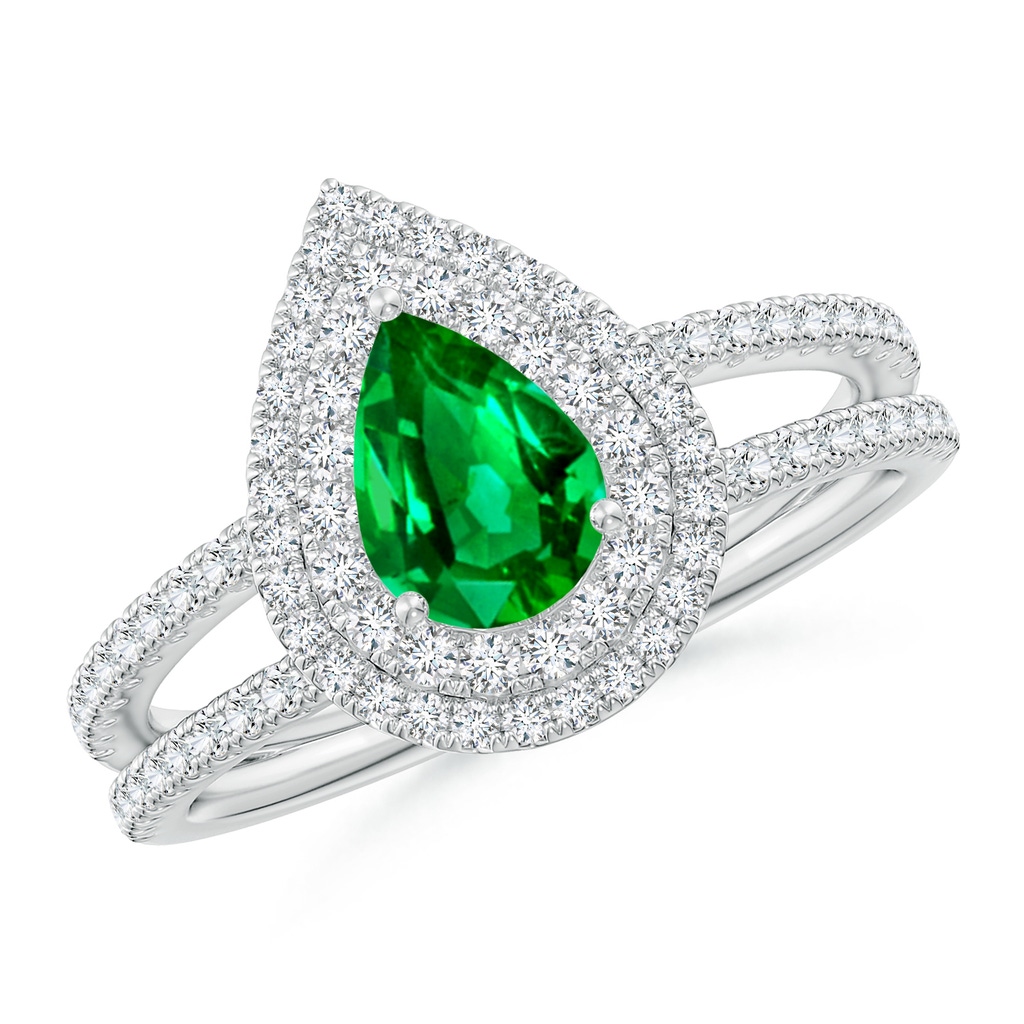 7x5mm AAAA Split Shank Pear Emerald and Diamond Double Halo Ring in White Gold