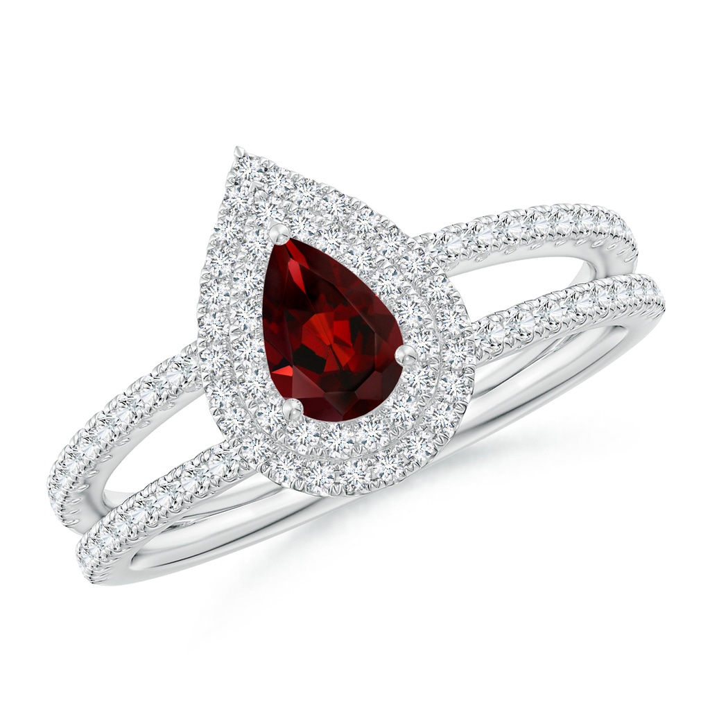 6x4mm AAA Split Shank Pear Garnet and Diamond Double Halo Ring in White Gold