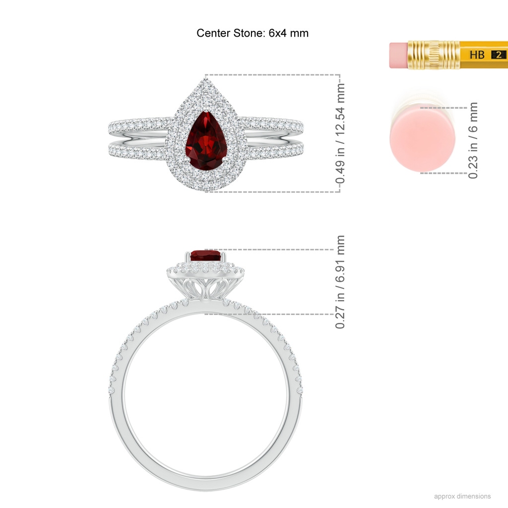 6x4mm AAA Split Shank Pear Garnet and Diamond Double Halo Ring in White Gold Ruler