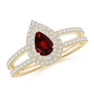 6x4mm AAA Split Shank Pear Garnet and Diamond Double Halo Ring in Yellow Gold