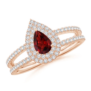 6x4mm AAAA Split Shank Pear Garnet and Diamond Double Halo Ring in Rose Gold