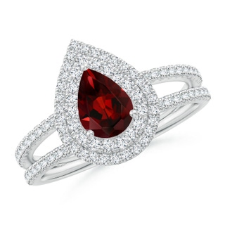 7x5mm AAA Split Shank Pear Garnet and Diamond Double Halo Ring in White Gold