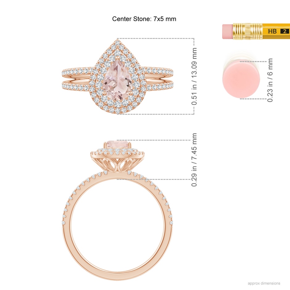 7x5mm A Split Shank Pear Morganite and Diamond Double Halo Ring in Rose Gold ruler