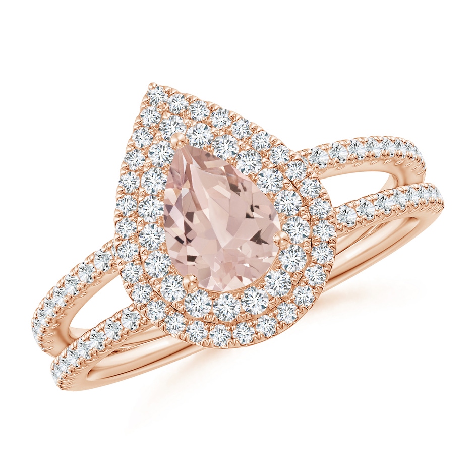 7x5mm AA Split Shank Pear Morganite and Diamond Double Halo Ring in Rose Gold 
