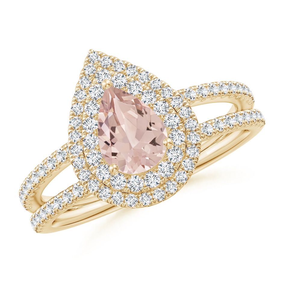 7x5mm AA Split Shank Pear Morganite and Diamond Double Halo Ring in Yellow Gold 