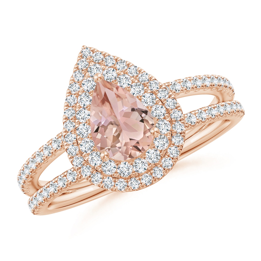 7x5mm AAA Split Shank Pear Morganite and Diamond Double Halo Ring in Rose Gold