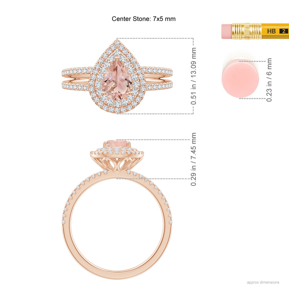 7x5mm AAA Split Shank Pear Morganite and Diamond Double Halo Ring in Rose Gold ruler