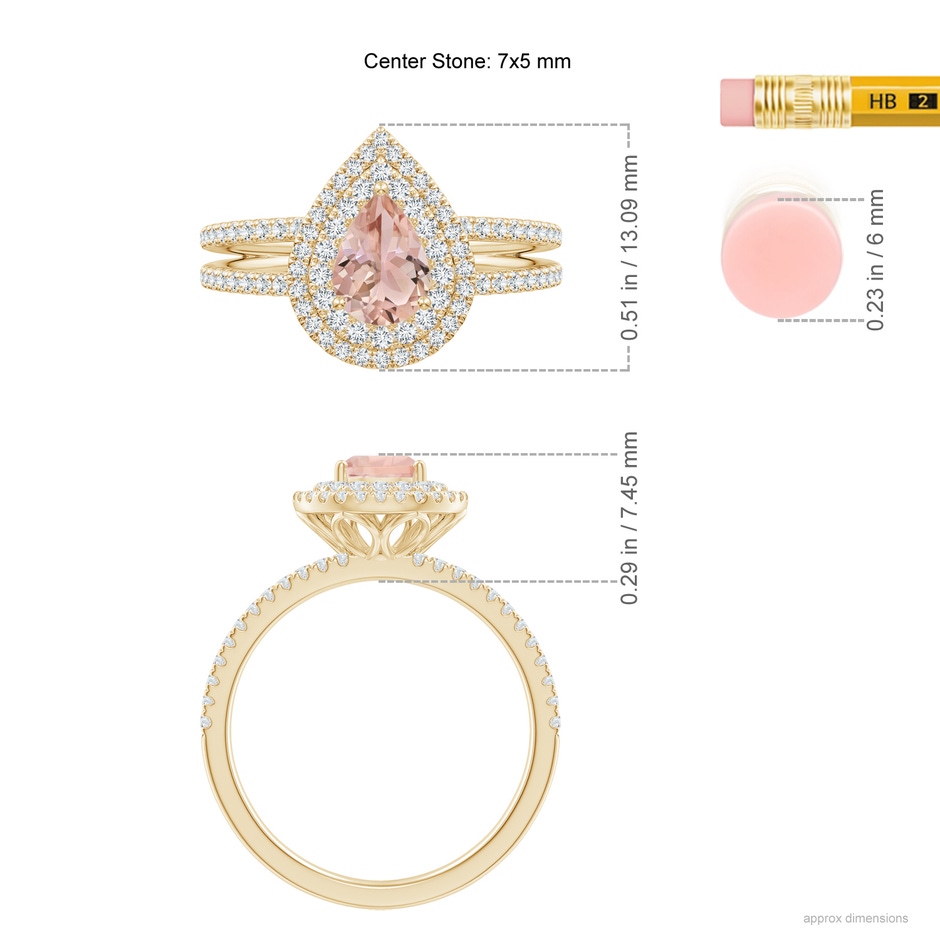 7x5mm AAA Split Shank Pear Morganite and Diamond Double Halo Ring in Yellow Gold ruler