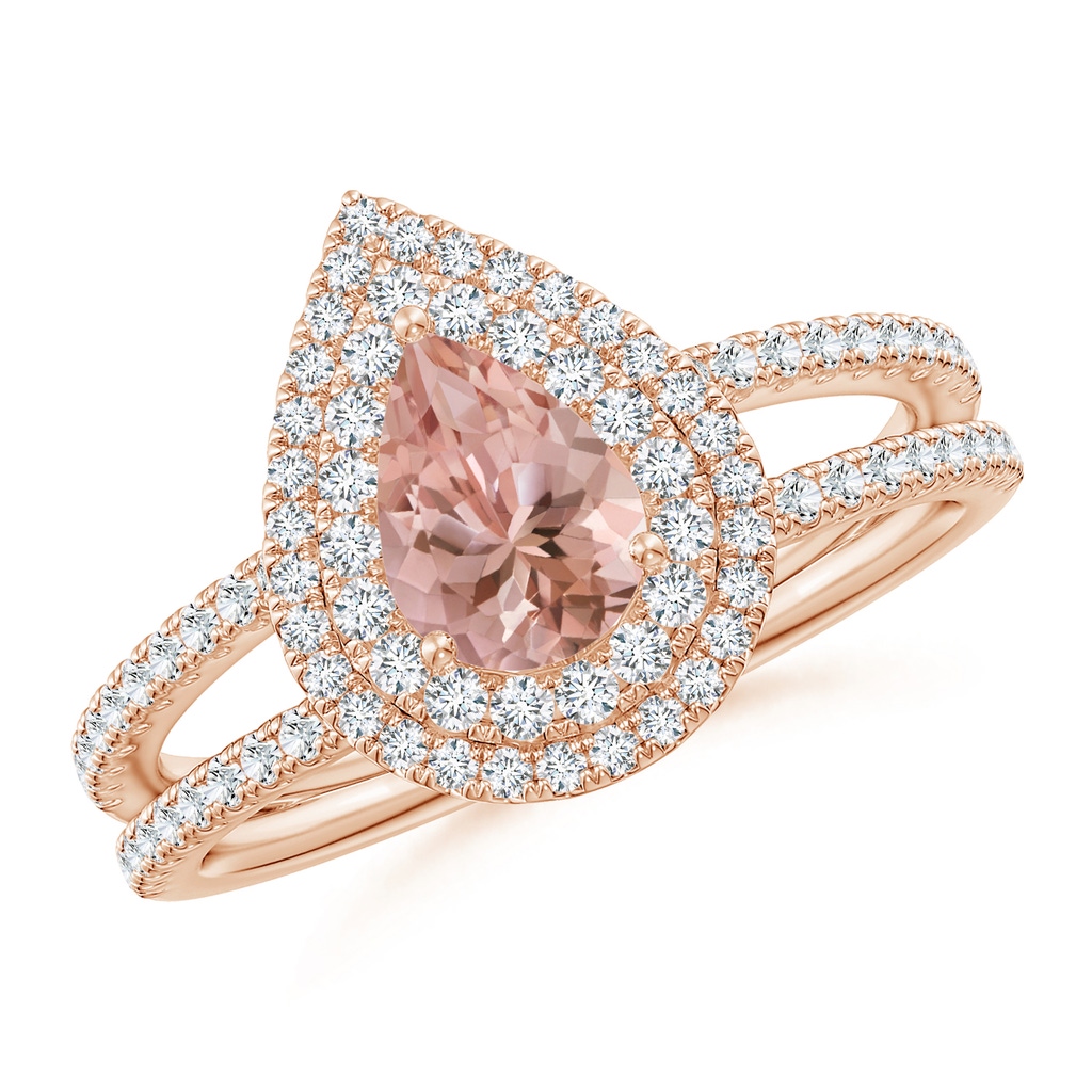 7x5mm AAAA Split Shank Pear Morganite and Diamond Double Halo Ring in 9K Rose Gold