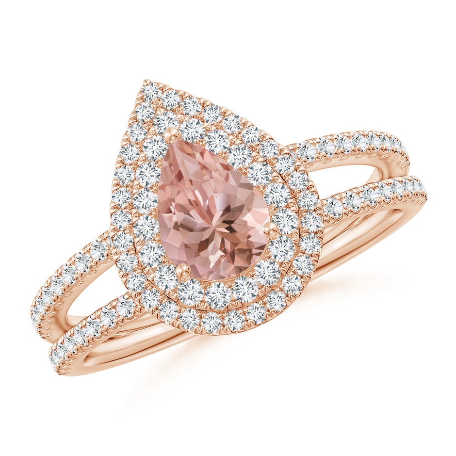 7x5mm AAAA Split Shank Pear Morganite and Diamond Double Halo Ring in 9K Rose Gold 