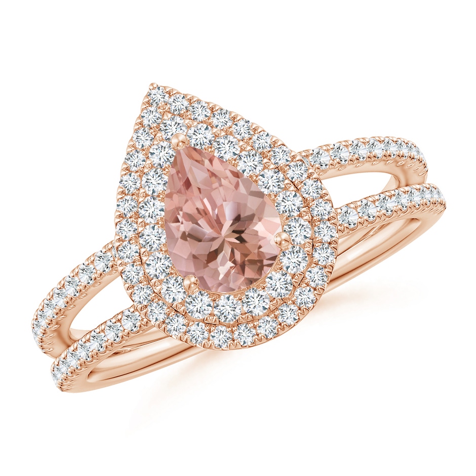 7x5mm AAAA Split Shank Pear Morganite and Diamond Double Halo Ring in Rose Gold 