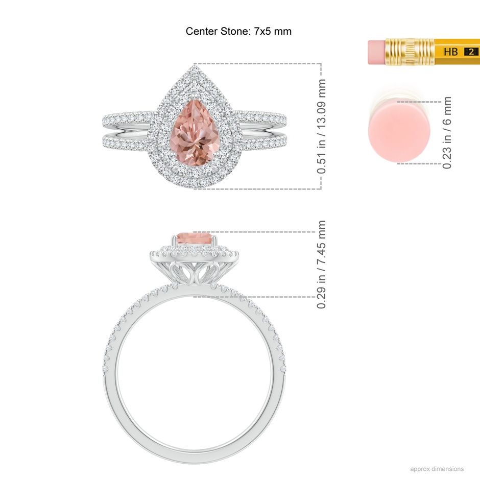 7x5mm AAAA Split Shank Pear Morganite and Diamond Double Halo Ring in White Gold ruler