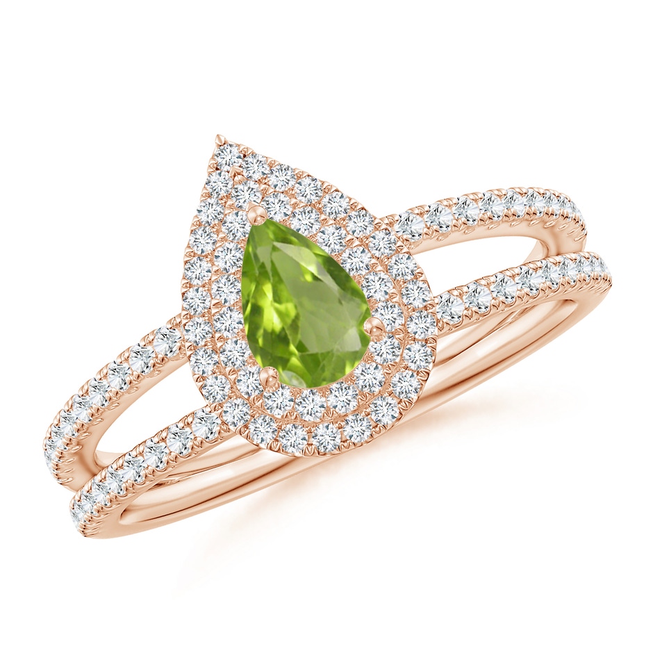 6x4mm AA Split Shank Pear Peridot and Diamond Double Halo Ring in Rose Gold 
