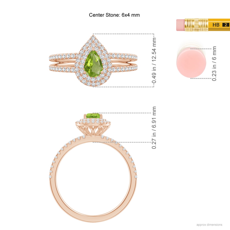 6x4mm AA Split Shank Pear Peridot and Diamond Double Halo Ring in Rose Gold ruler