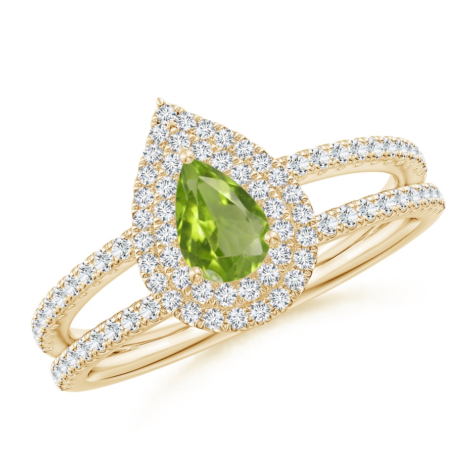 6x4mm AA Split Shank Pear Peridot and Diamond Double Halo Ring in Yellow Gold 