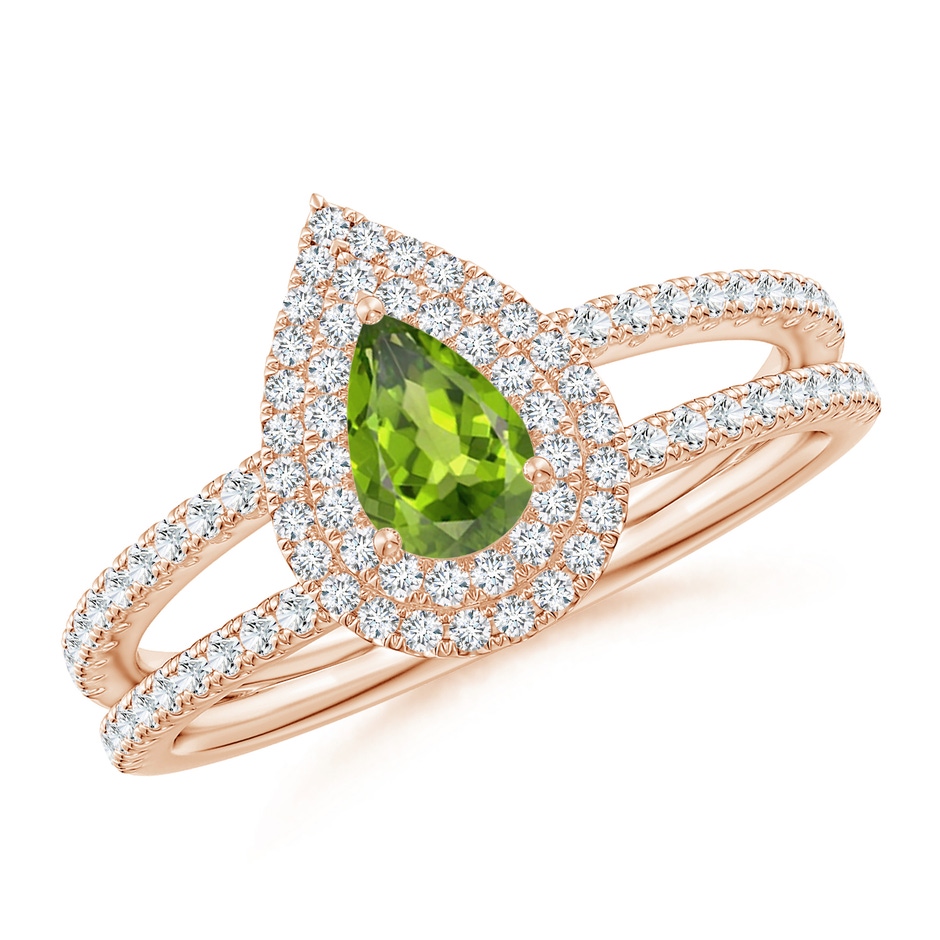 6x4mm AAA Split Shank Pear Peridot and Diamond Double Halo Ring in Rose Gold 
