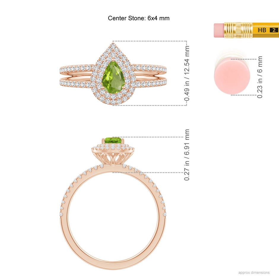 6x4mm AAA Split Shank Pear Peridot and Diamond Double Halo Ring in Rose Gold ruler