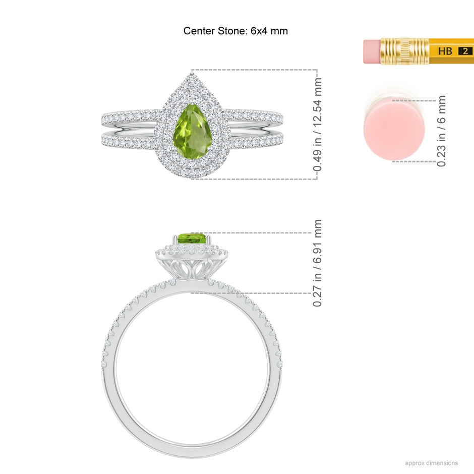 6x4mm AAA Split Shank Pear Peridot and Diamond Double Halo Ring in White Gold ruler