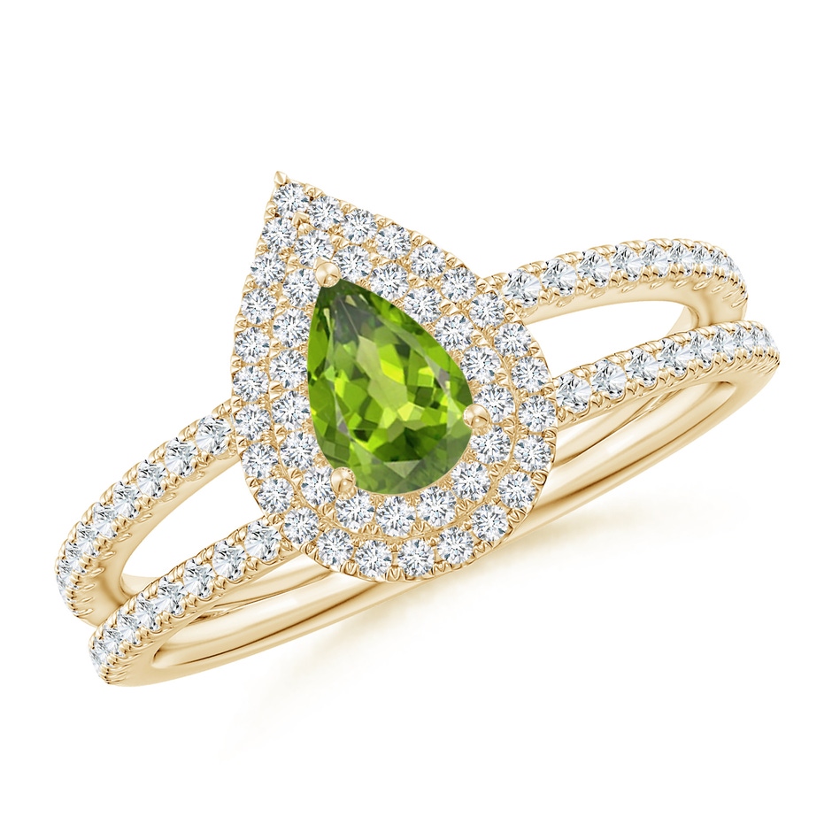 6x4mm AAA Split Shank Pear Peridot and Diamond Double Halo Ring in Yellow Gold 