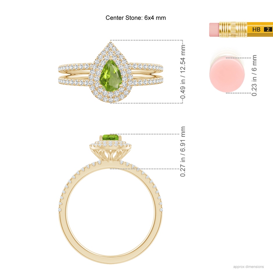 6x4mm AAA Split Shank Pear Peridot and Diamond Double Halo Ring in Yellow Gold ruler
