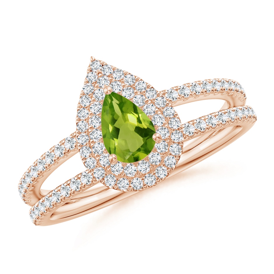 6x4mm AAAA Split Shank Pear Peridot and Diamond Double Halo Ring in Rose Gold 