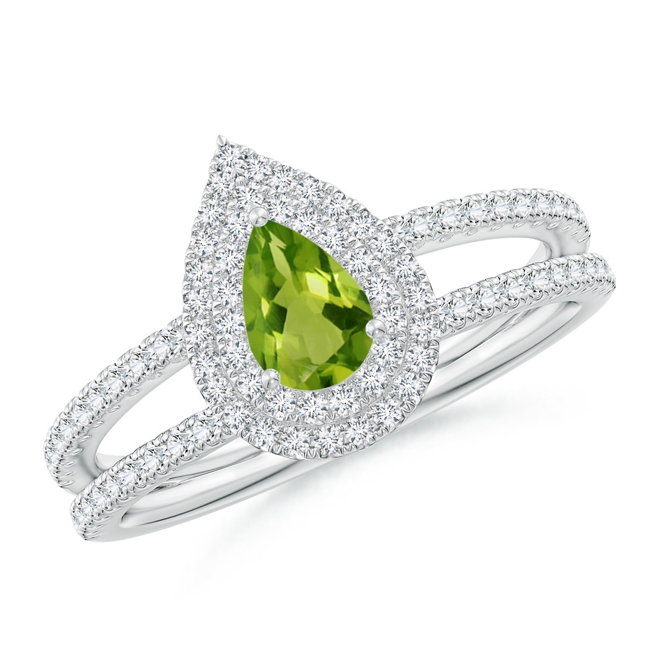 6x4mm AAAA Split Shank Pear Peridot and Diamond Double Halo Ring in White Gold 