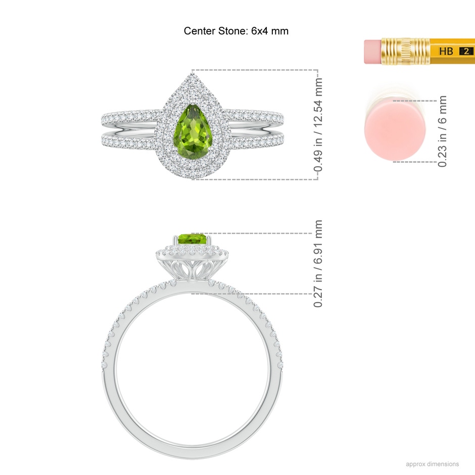 6x4mm AAAA Split Shank Pear Peridot and Diamond Double Halo Ring in White Gold ruler
