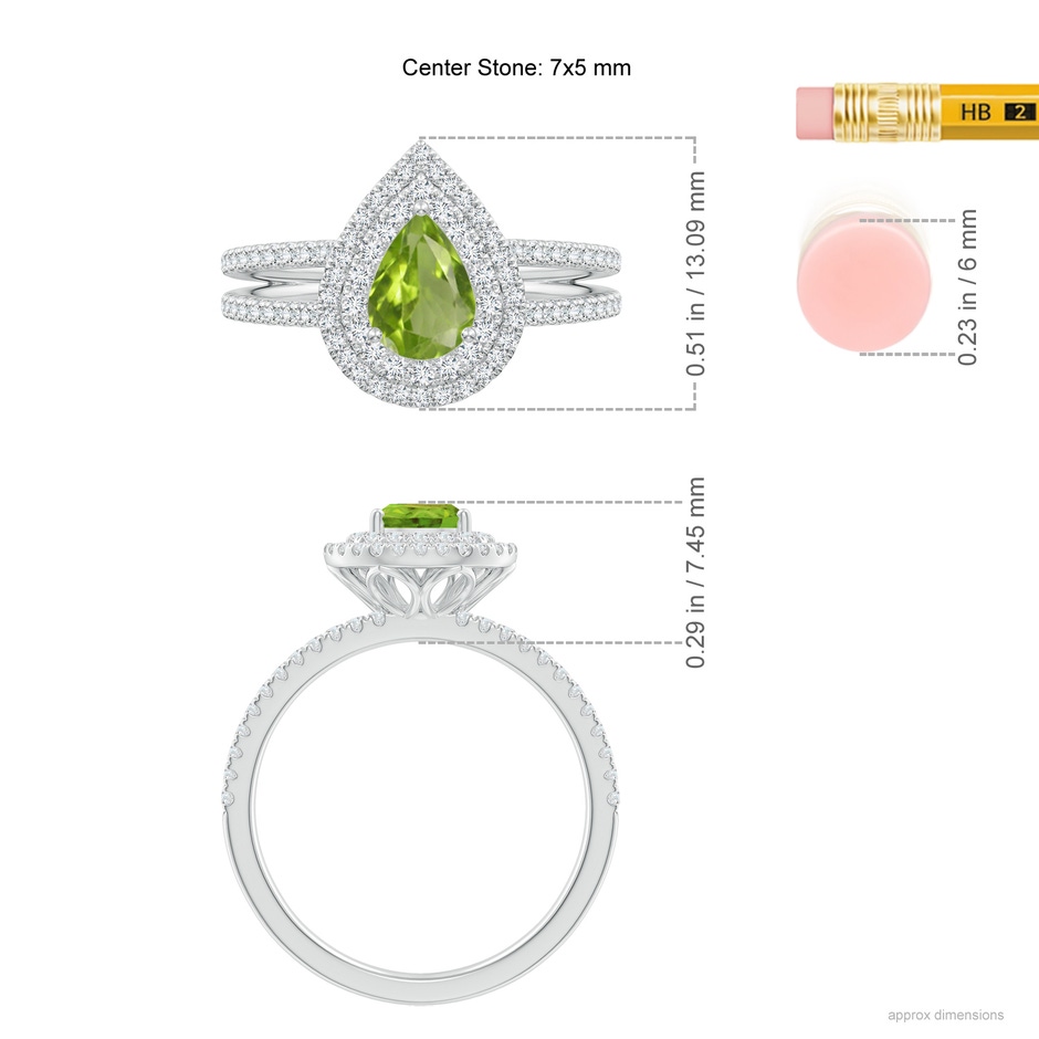 7x5mm AAA Split Shank Pear Peridot and Diamond Double Halo Ring in White Gold ruler