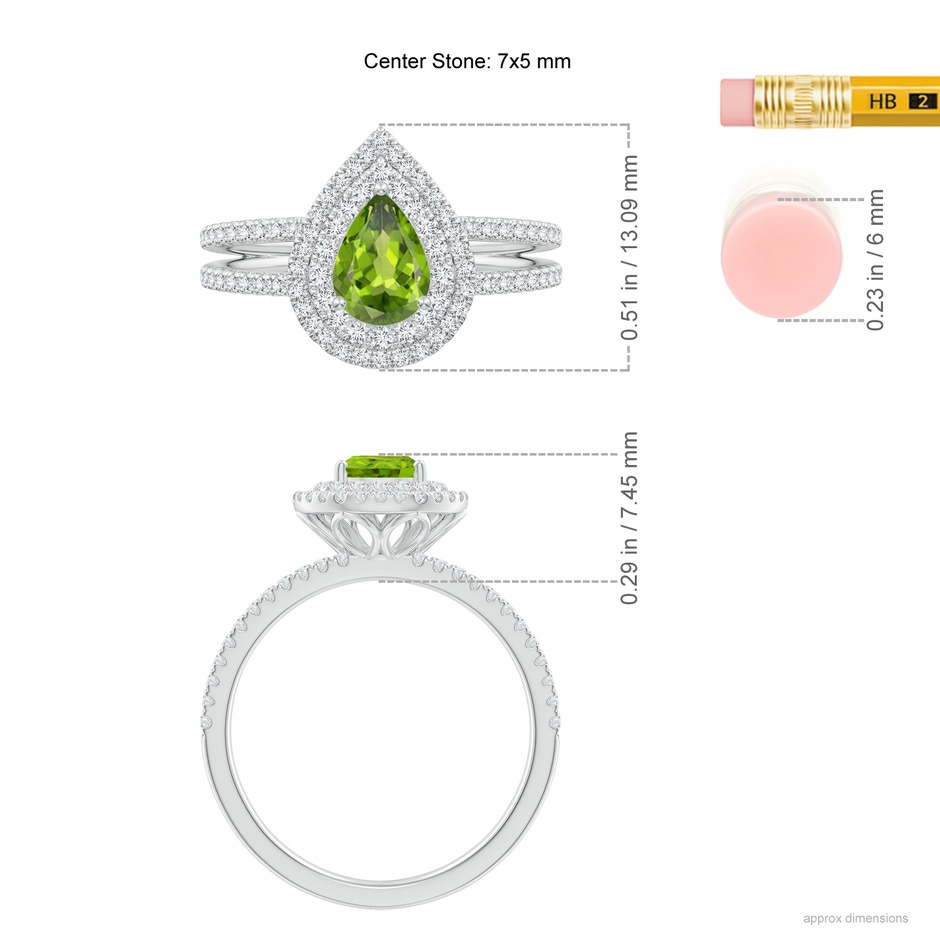 7x5mm AAAA Split Shank Pear Peridot and Diamond Double Halo Ring in P950 Platinum ruler