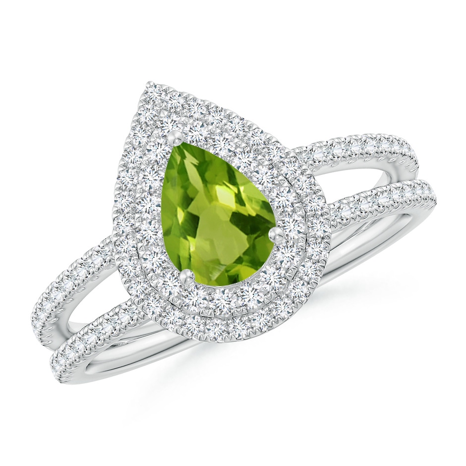 7x5mm AAAA Split Shank Pear Peridot and Diamond Double Halo Ring in White Gold 
